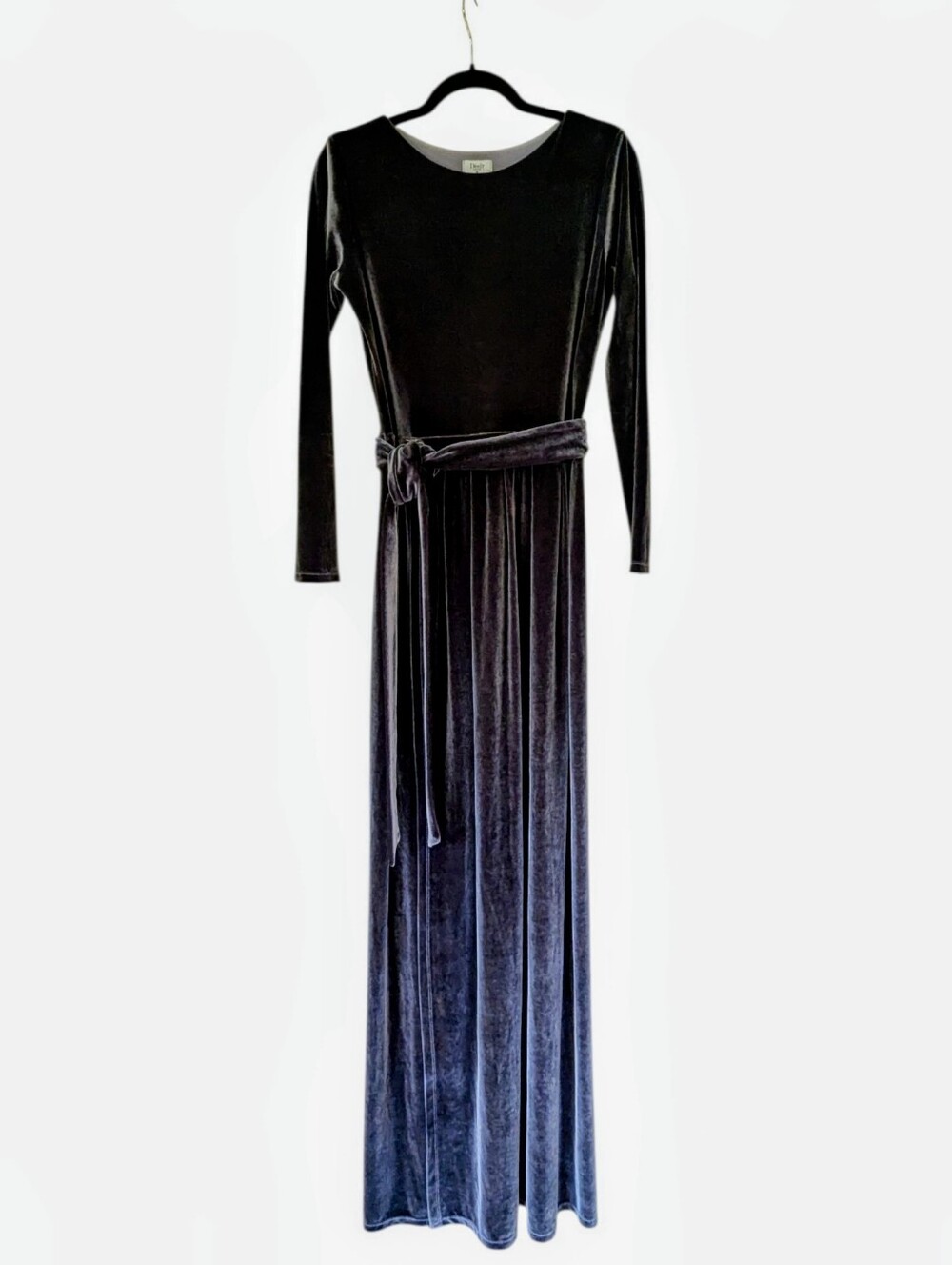 Desir Couture Long Sleeve Velvet Gray Elegant Maxi Dress/Gown Waist Tie Slit Sm